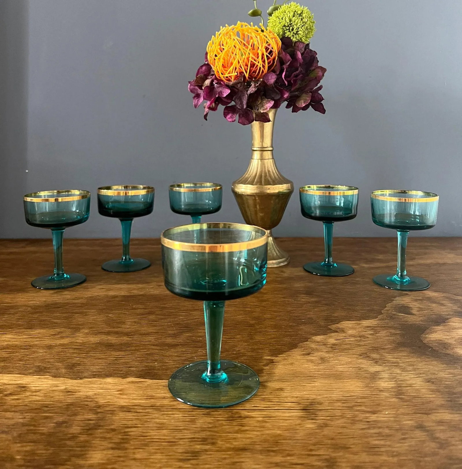 1960s Vintage Aqua Blue & Gold Cocktail Glasses- Set of 6 - 8