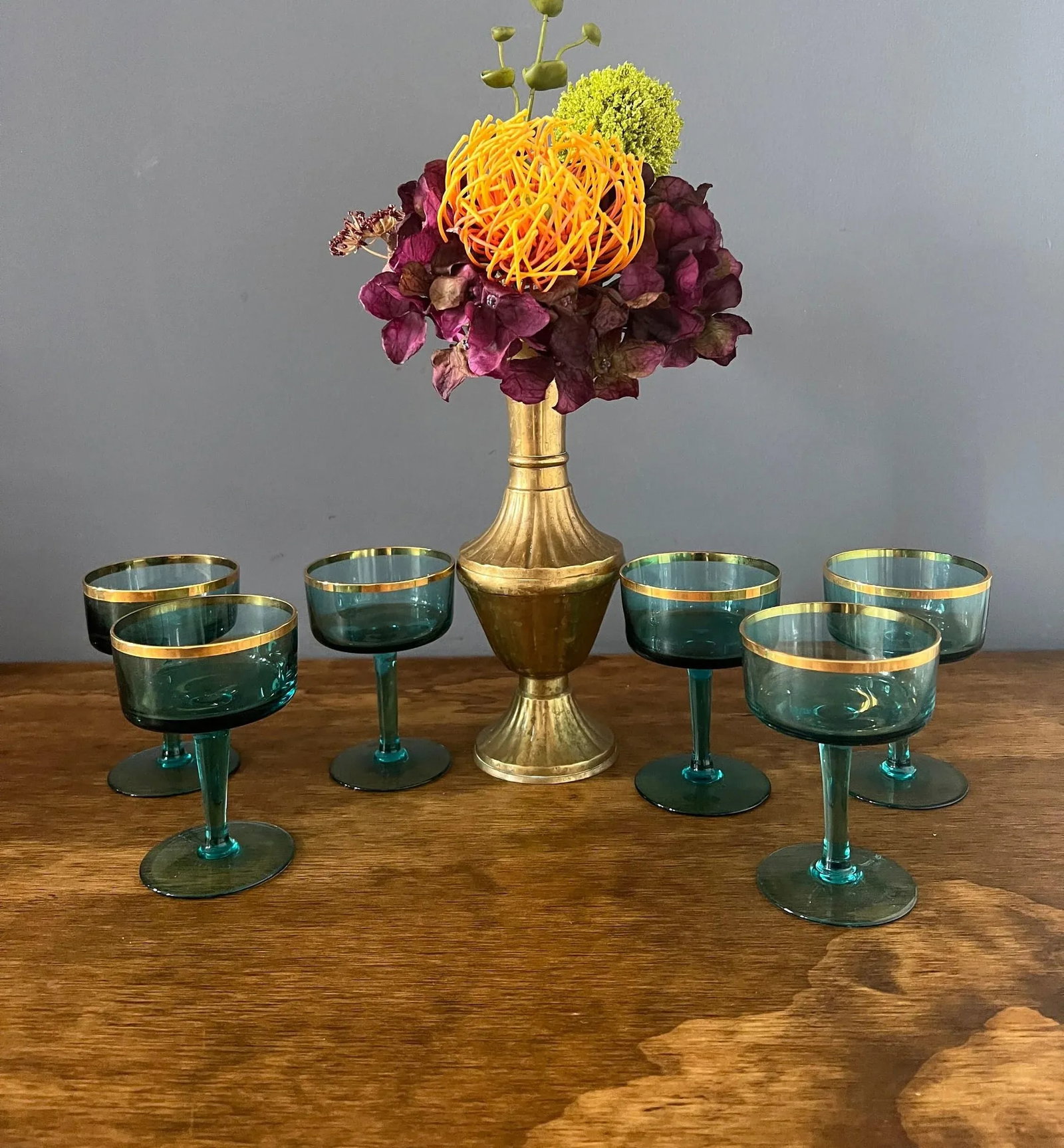 1960s Vintage Aqua Blue & Gold Cocktail Glasses- Set of 6 - 9
