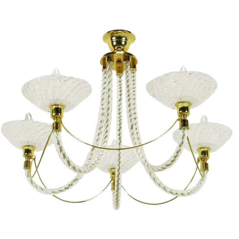 Murano Rope Glass and Brass Five-Arm Chandelier in the Manner of Barovier: Five-arm handblown Murano glass and brass chandelier in the manner of Barovier & Toso. Roped glass arms with heavily bubbled opaque reeded bobeches. Single stranded brass swag between each arm. Condit