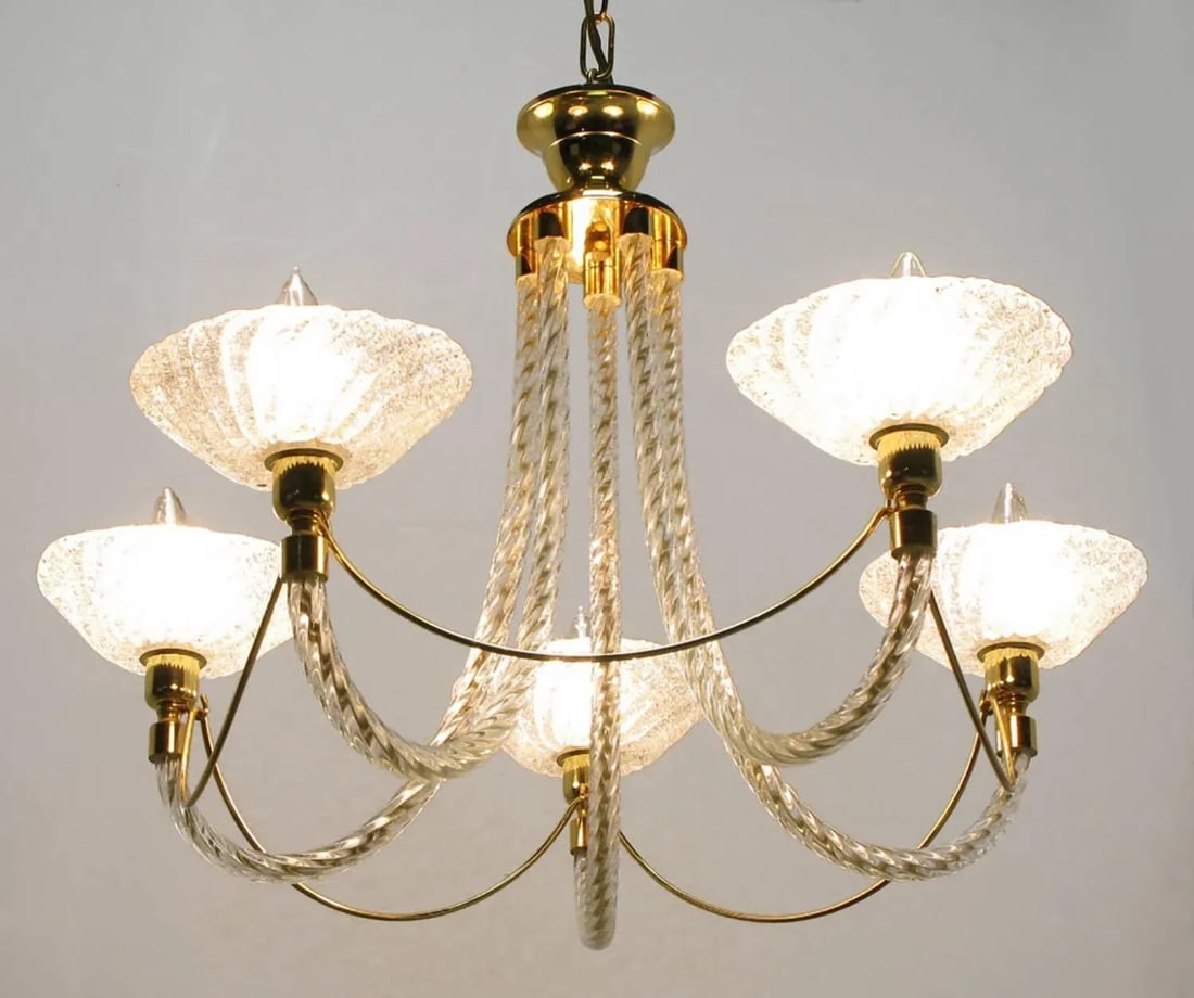 Murano Rope Glass and Brass Five-Arm Chandelier in the Manner of Barovier - 2