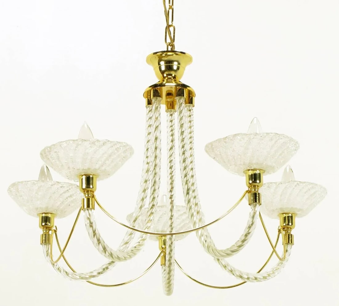 Murano Rope Glass and Brass Five-Arm Chandelier in the Manner of Barovier - 3