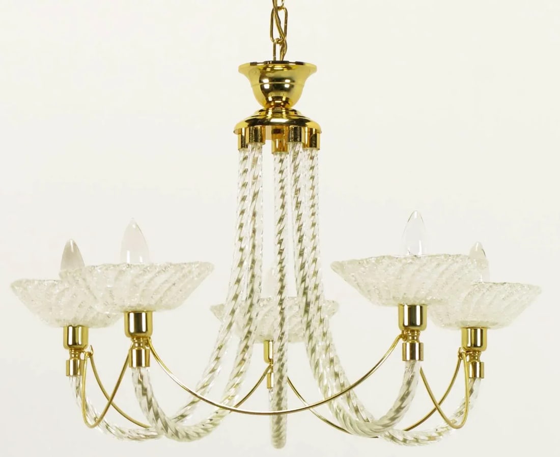 Murano Rope Glass and Brass Five-Arm Chandelier in the Manner of Barovier - 4