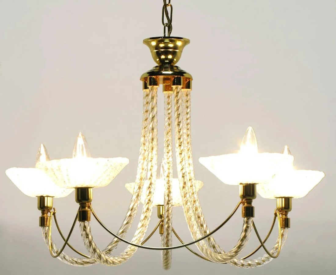 Murano Rope Glass and Brass Five-Arm Chandelier in the Manner of Barovier - 5