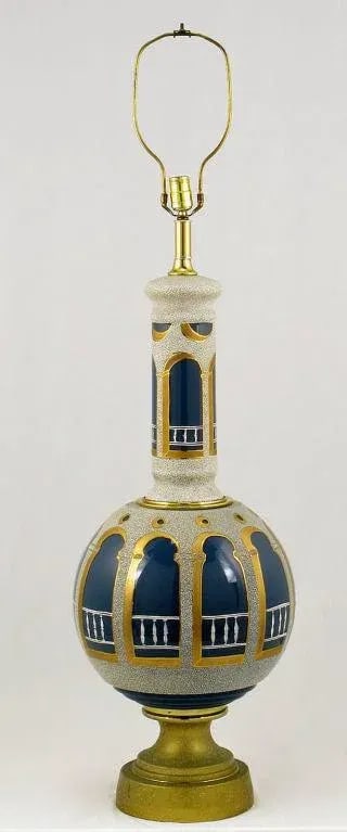 Reverse Painted & Gilded Blue Glass Table Lamps - a Pair - 2