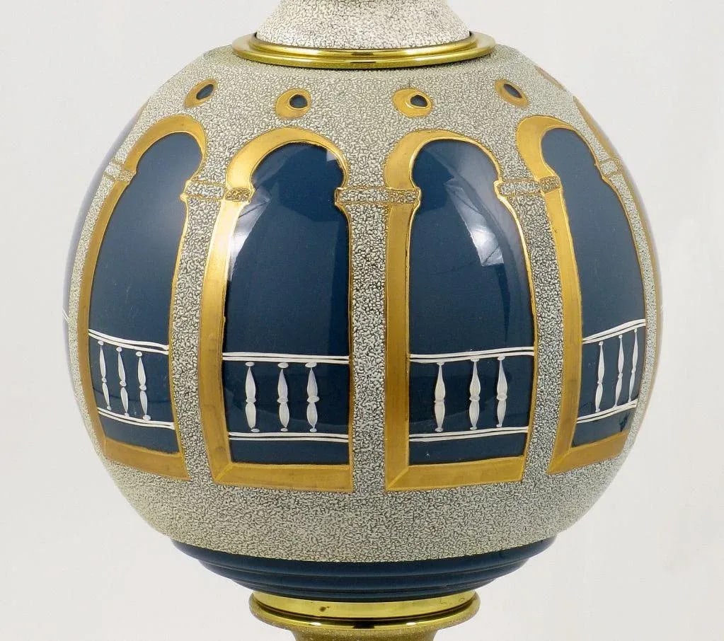 Reverse Painted & Gilded Blue Glass Table Lamps - a Pair - 4