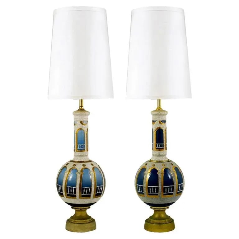 Reverse Painted & Gilded Blue Glass Table Lamps - a Pair - 6