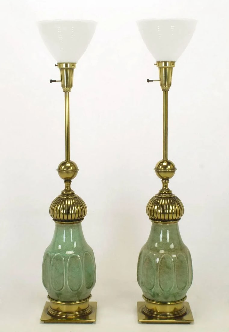 Stiffel Crackle Glaze Ceramic and Brass Moorish Style Table Lamps - a Pair - 2