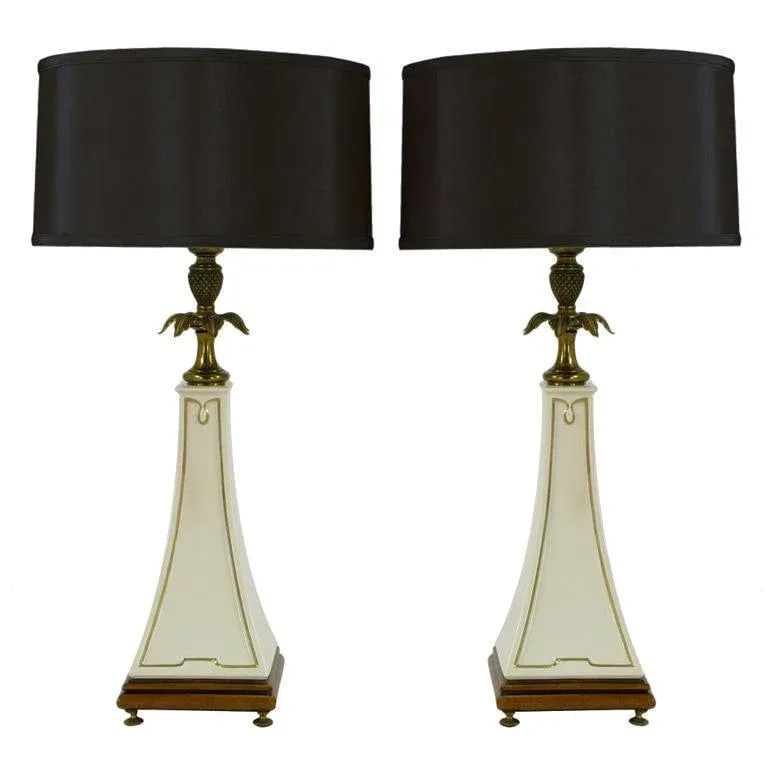 Stiffel Porcelain Obelisk & Decorative Brass Table Lamps - a Pair - 10