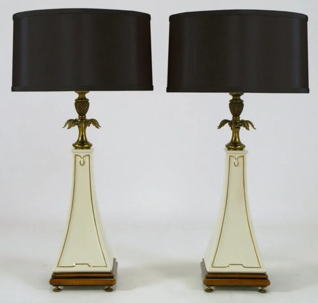 Stiffel Porcelain Obelisk & Decorative Brass Table Lamps - a Pair - 2