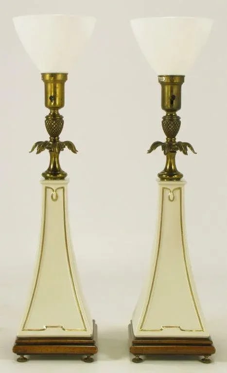 Stiffel Porcelain Obelisk & Decorative Brass Table Lamps - a Pair - 3
