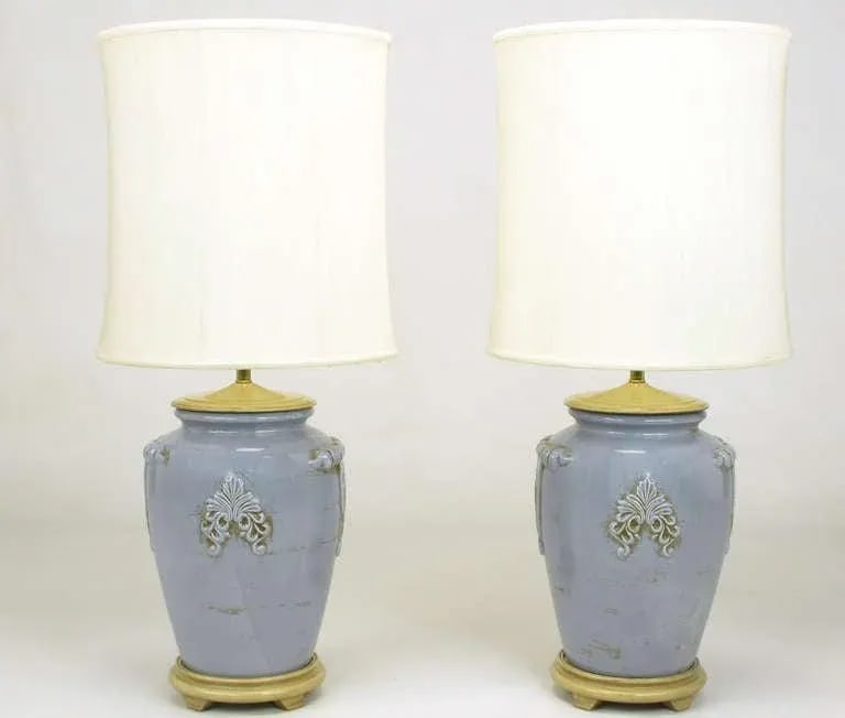 Periwinkle Blue Vintage Glazed Urn-Form Table Lamps - a Pair - 2