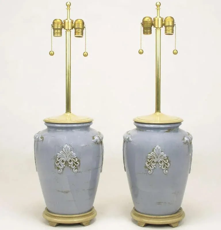 Periwinkle Blue Vintage Glazed Urn-Form Table Lamps - a Pair - 3