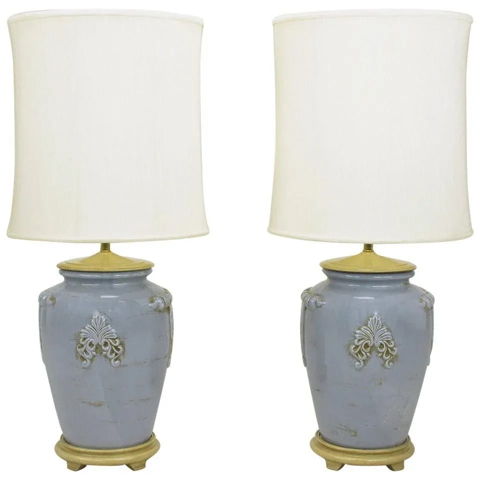 Periwinkle Blue Vintage Glazed Urn-Form Table Lamps - a Pair - 8