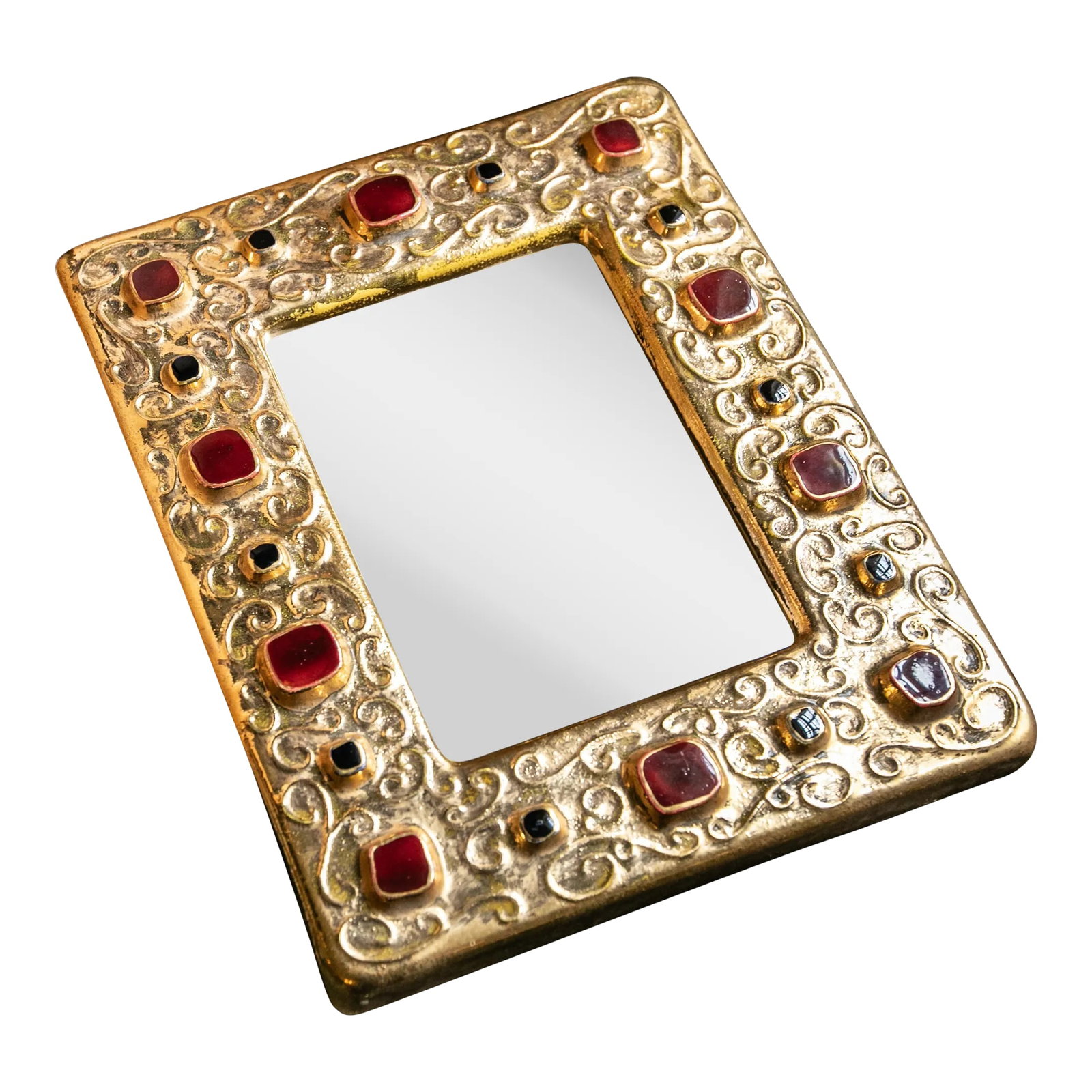 1970s Gold, Red & Black Francois Lembo Jeweled Mirror: Signed gold ceramic mirror with red and black jewel embellishment France, 1970 red, black jewels, gold ceramic DIMENSIONS 13.25 h x 11 w in Condition: Alterations: Original Condition Unaltered