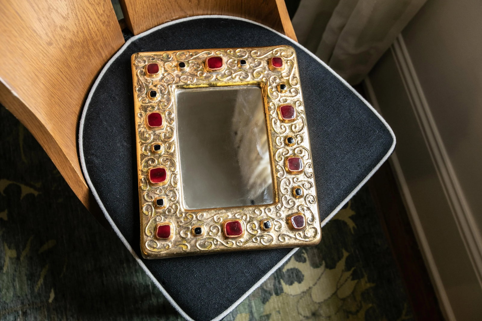1970s Gold, Red & Black Francois Lembo Jeweled Mirror - 2