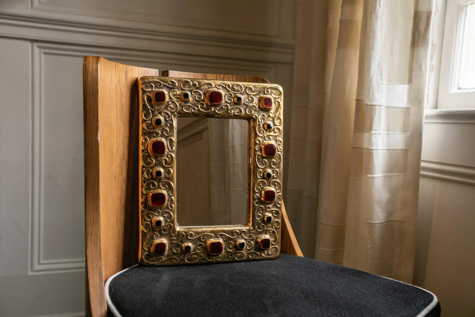 1970s Gold, Red & Black Francois Lembo Jeweled Mirror - 4