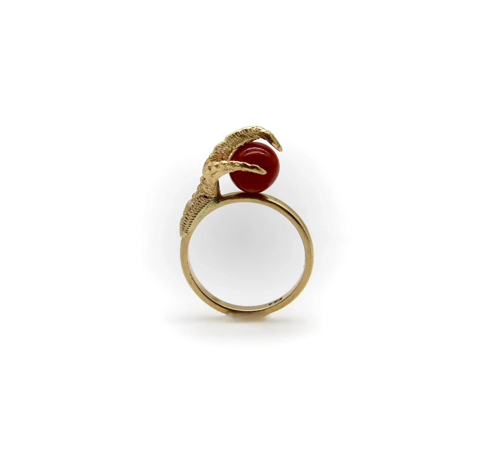 Vintage 18k Gold Sardinian Red Coral Bead and Claw Ring Size 7 - 7