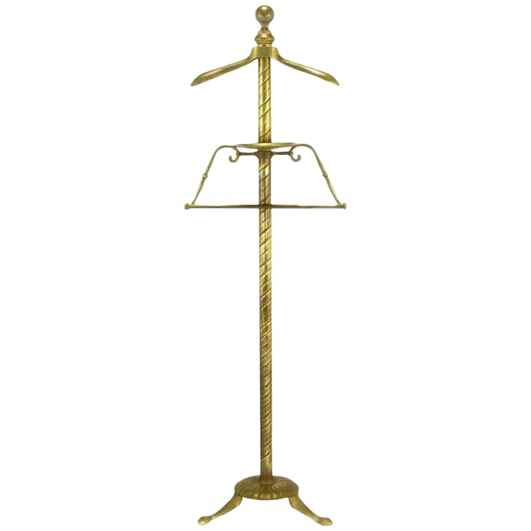 Spiral Brass Valet With Brass Ball Finial & Tray on Tripod Base: Distinguished brass valet with a spiral center rod, three footed legs coming together at the circular base. The brass jacket hanger is wide shouldered and the pants hanger is outfitted with