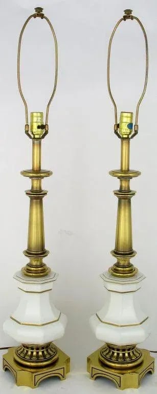 Tall Stiffel Brass & White Porcelain Lamps - a Pair - 2
