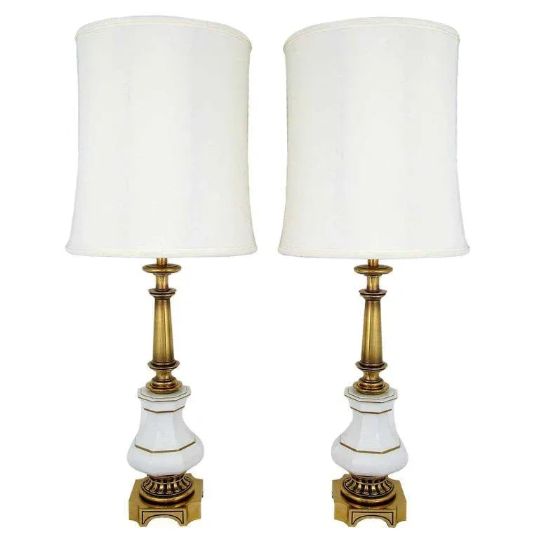 Tall Stiffel Brass & White Porcelain Lamps - a Pair - 7
