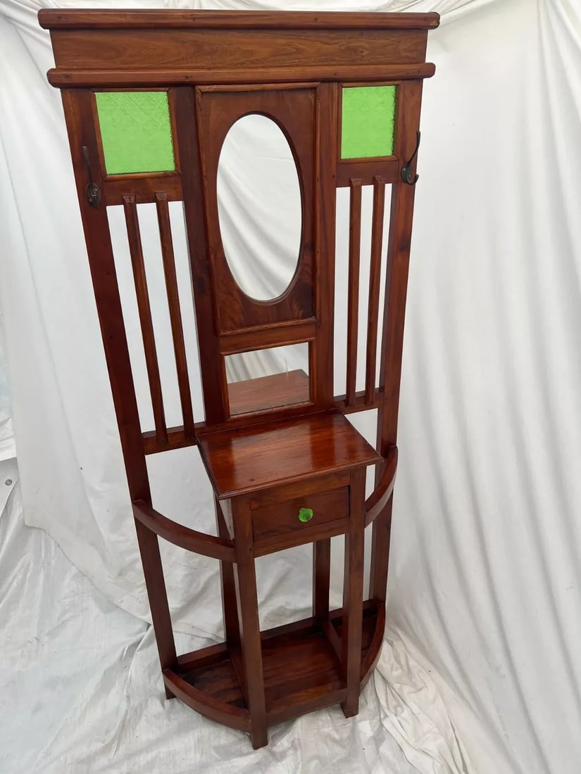 1910s Arts and Crafts Hall Tree Glove Drawer Umbrella Stand Hat Rack Mirror Green Glass - 10