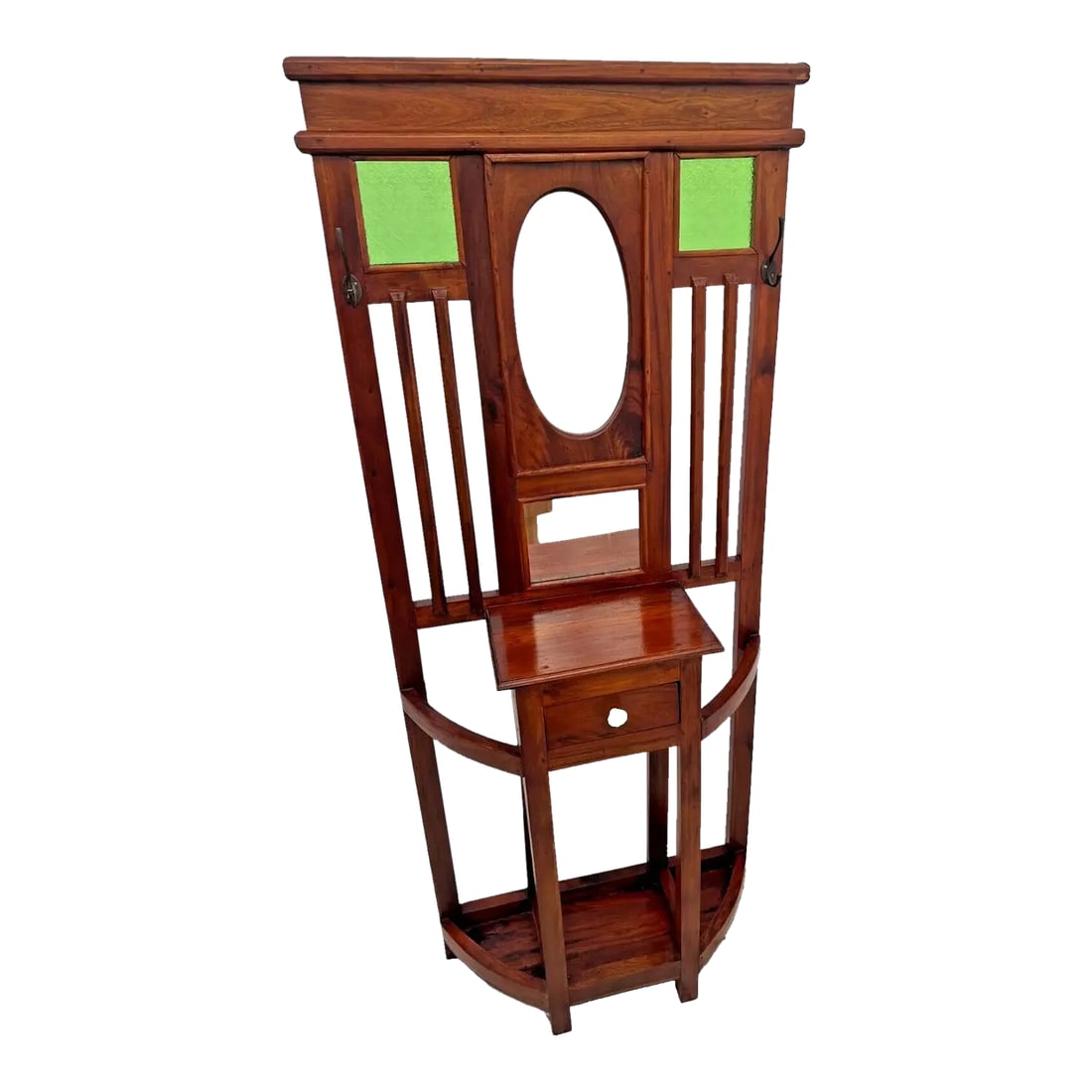 1910s Arts and Crafts Hall Tree Glove Drawer Umbrella Stand Hat Rack Mirror Green Glass: Gorgeous Antique Arts and Crafts Hall Tree Entry Furniture, Hand Carved, Umbrella Stand with Two Hat Rack / Sweater Hooks, Mirror, Green Glass Inserts and Glove / Key storage. 72" Tall x 31" wide, x 1