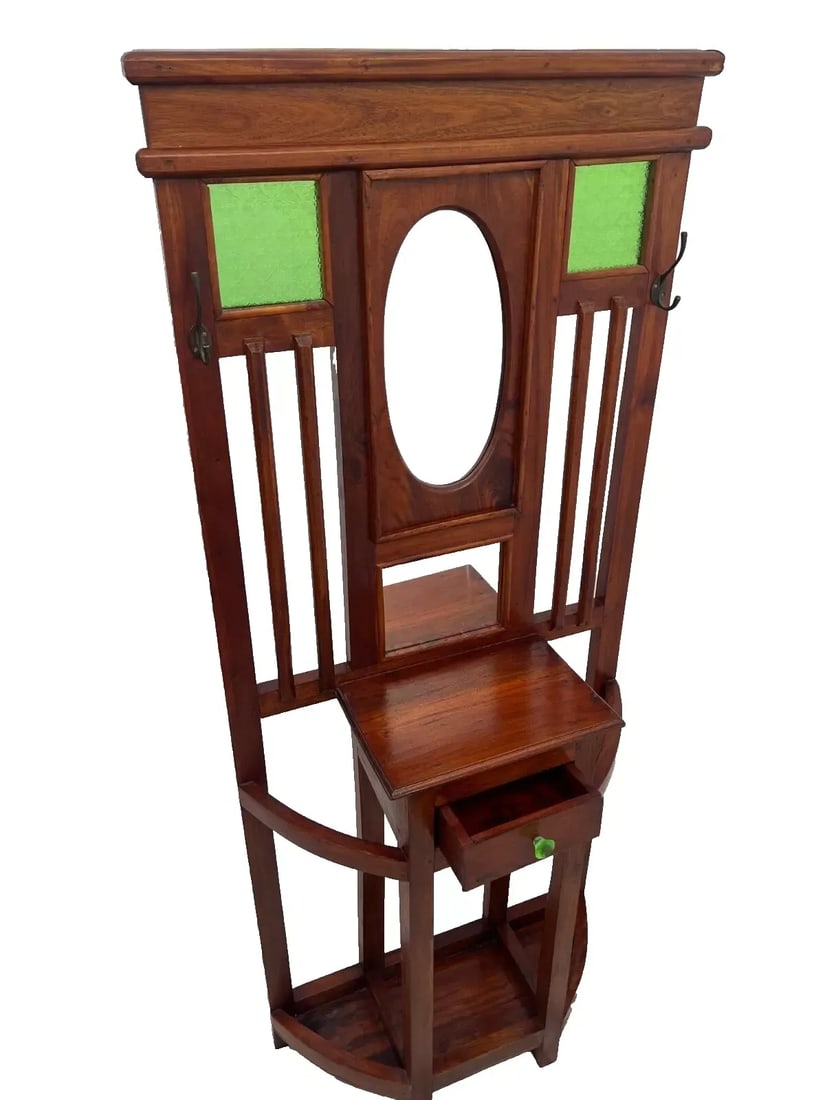 1910s Arts and Crafts Hall Tree Glove Drawer Umbrella Stand Hat Rack Mirror Green Glass - 3