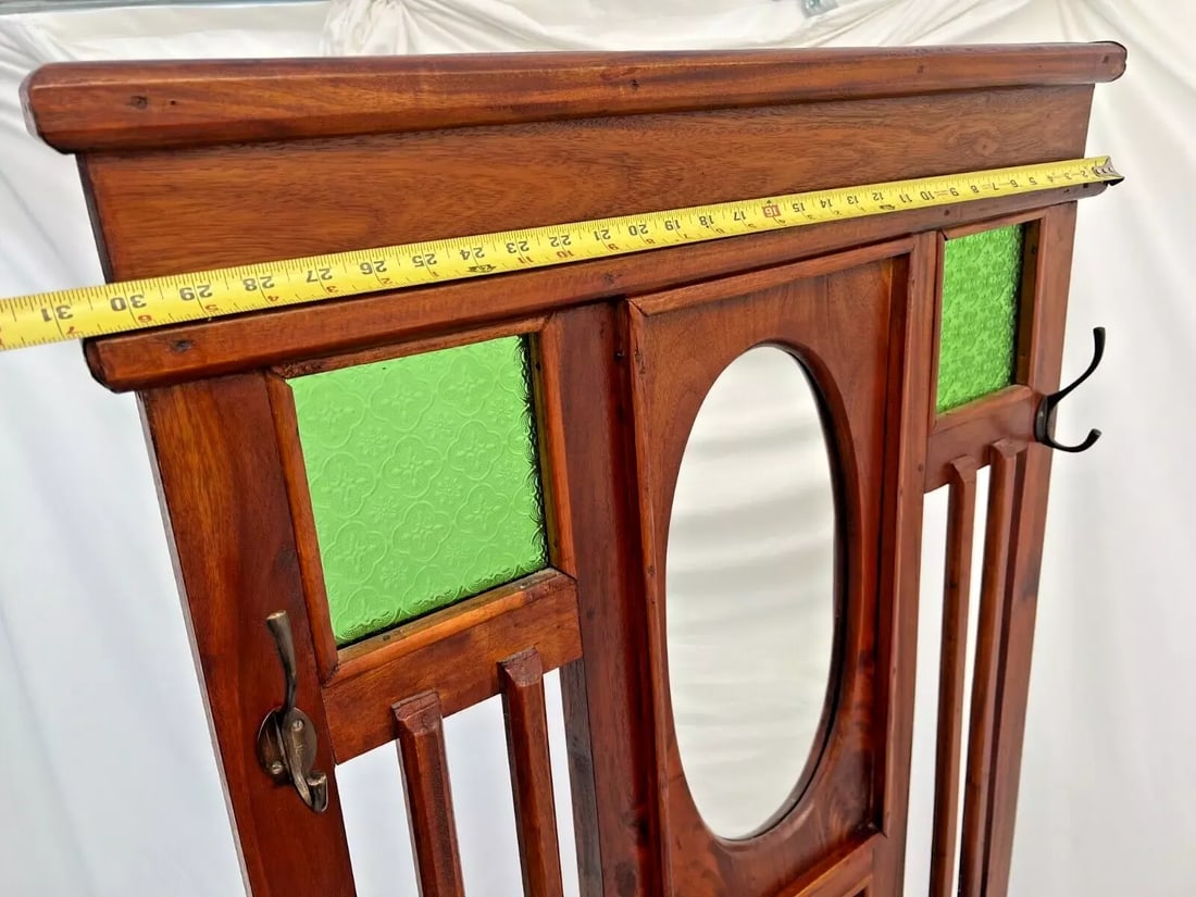 1910s Arts and Crafts Hall Tree Glove Drawer Umbrella Stand Hat Rack Mirror Green Glass - 7