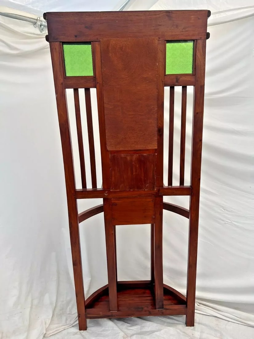 1910s Arts and Crafts Hall Tree Glove Drawer Umbrella Stand Hat Rack Mirror Green Glass - 9
