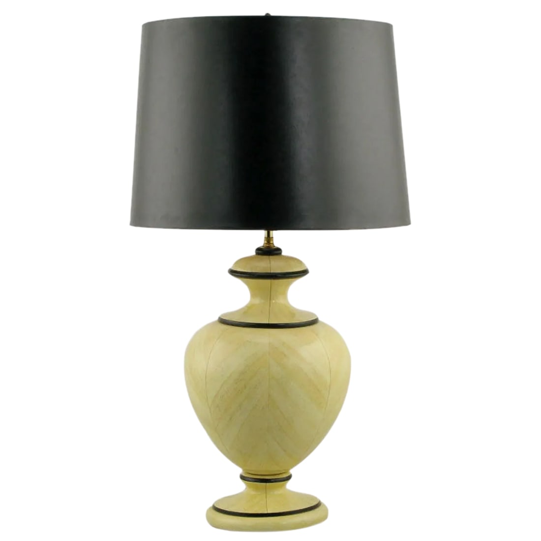 Trompe l'Oeil Travertine Urn Form Carved Wood Table Lamp: Urn form table lamp of carved hard wood with a lacquered faux tessellated travertine stone chevron design. Brass dual socket illumination and adjustable stem and finial. Sold sans shade. Condition: