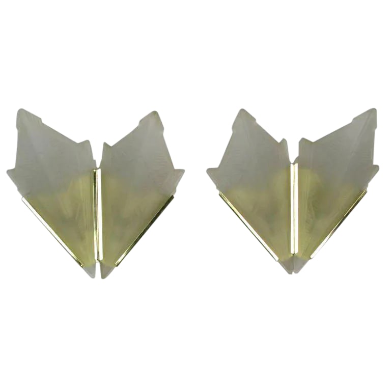 Art Deco Style Brass & Frosted Glass Slip Shade Sconces: Made of Vintage style cast and sandblasted glass, with brass fixtures, these art deco slip shade sconces are currently wired with plugs and on/off switches. They can also be easily hard wired to a