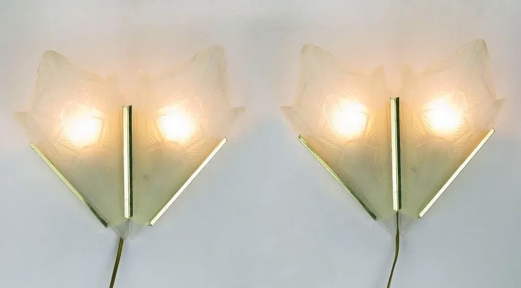 Art Deco Style Brass & Frosted Glass Slip Shade Sconces - 2
