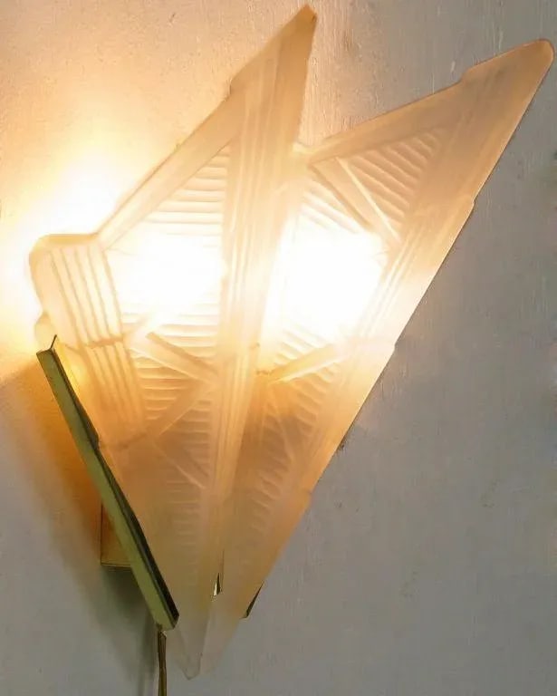 Art Deco Style Brass & Frosted Glass Slip Shade Sconces - 4