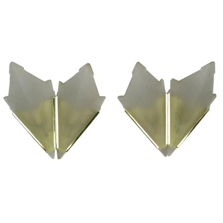 Art Deco Style Brass & Frosted Glass Slip Shade Sconces - 5