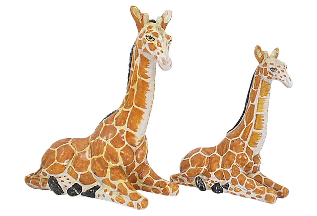 1960s Italian Terracotta Giraffes, Pr: Pair of 1960s Italian terracotta giraffe figurines. No maker's mark. Small giraffe, 7"L x 3"W x 8"H. Condition: Alterations: Original Condition Unaltered Imperfections: Some Imperfections Condition