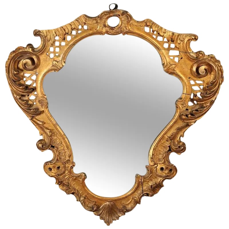 French Rococo Style Giltwood Cartouche Form Mirror, Late 19th Century: French Rococo style giltwood cartouche form mirror, late 19th century. Condition: Alterations: Original Condition Unaltered Imperfections: Some Imperfections Condition Notes: Excellent Wear