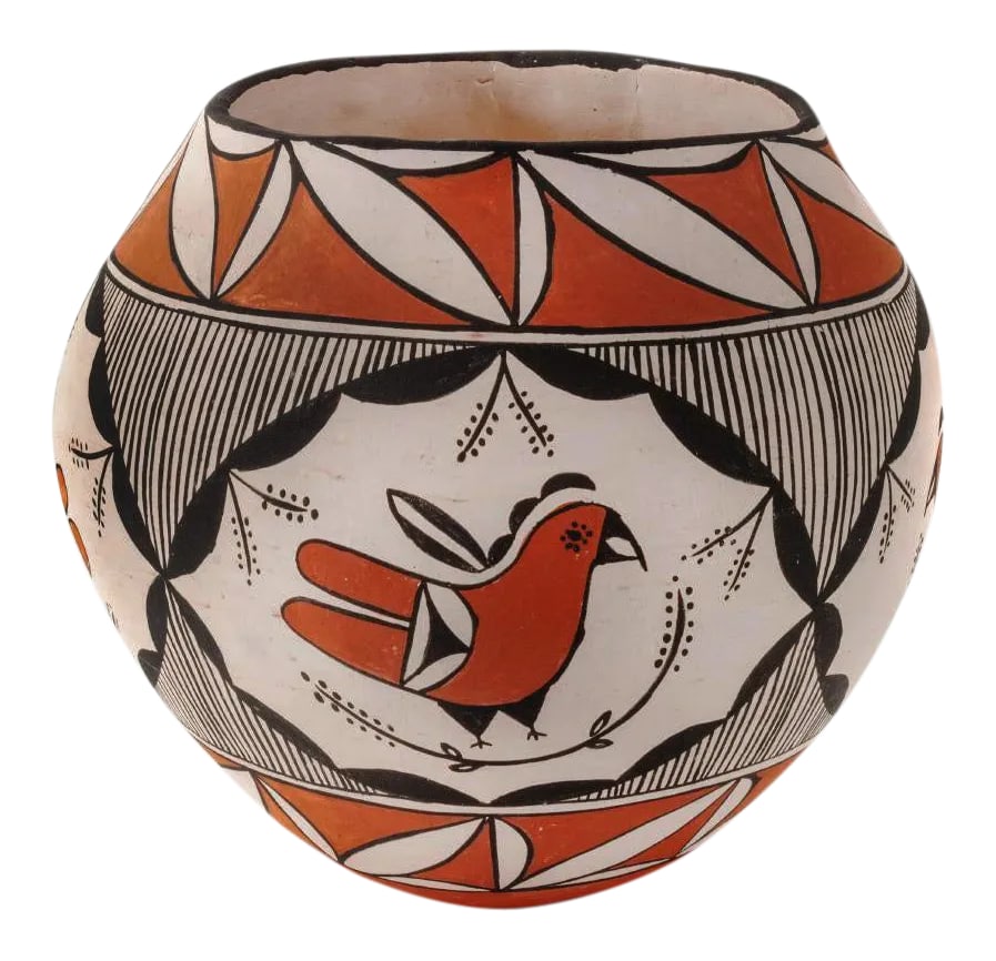 Southwestern Acoma Pueblo Polychrome Olla Parrot Signed Jar: Acoma Pueblo Polychrome Olla featuring parrot decoration and rain motifs, signed DA Acoma NM. Design incorporates parrots perched on foliage. Dimensions 7.5" H x 8" dia Base dia. - 3" Mouth dia. -
