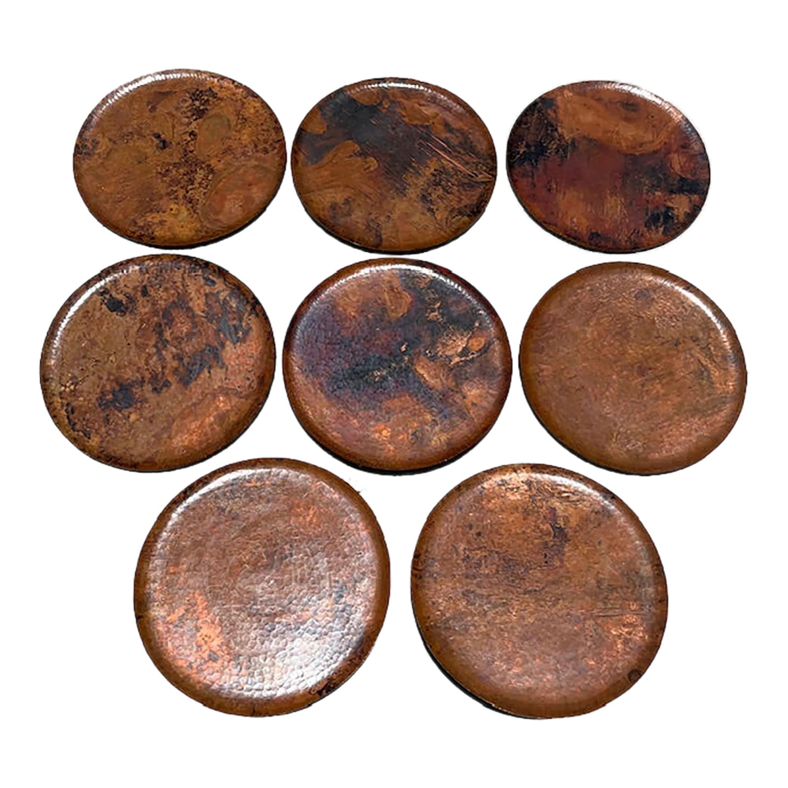 Late 20th Century Vintage Hammered Copper Charger Plates- Set of 8: Incredible set of 8 hammered copper charger plates with natural color finish. Each plate has a one-of-a-kind natural color finish as shown in photos. The plates are stamped 'BPF" on the back. Each