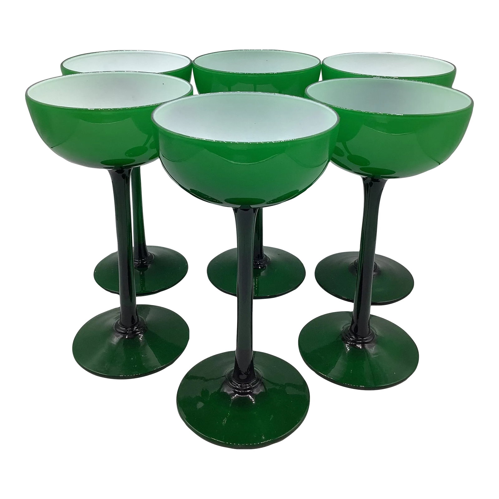 Vintage Carlo Moretti Italy Green White Cased Glass Tall Champagne Coupes - Set of 6: A fabulous set of 6 hard to find 60s Carlo Moretti green/white cased glass champagne tall coupes. The Kelly green is just exceptional in person. They measure 7" x 3 3/4" and are hand blown in Murano.
