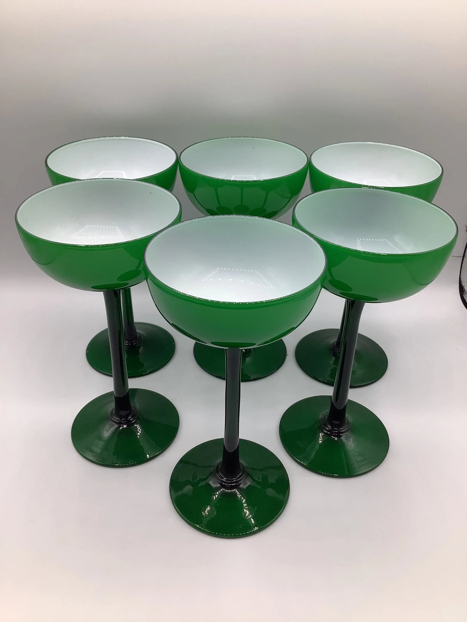Vintage Carlo Moretti Italy Green White Cased Glass Tall Champagne Coupes - Set of 6 - 3