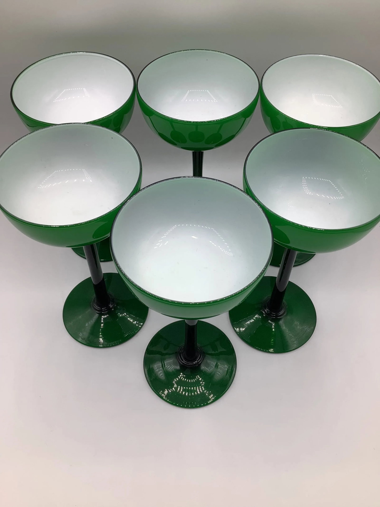 Vintage Carlo Moretti Italy Green White Cased Glass Tall Champagne Coupes - Set of 6 - 6