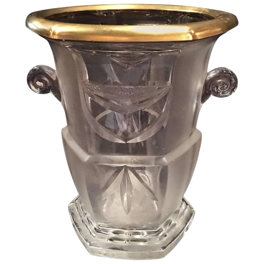 French Cut-Glass Vase or Ice Bucket With a Gilded Rim, Early 20th Century: French cut-glass vase or ice bucket with a gilded rim, early 20th century. Condition: Alterations: Original Condition Unaltered Imperfections: Some Imperfections Condition Notes: Excellent Wear