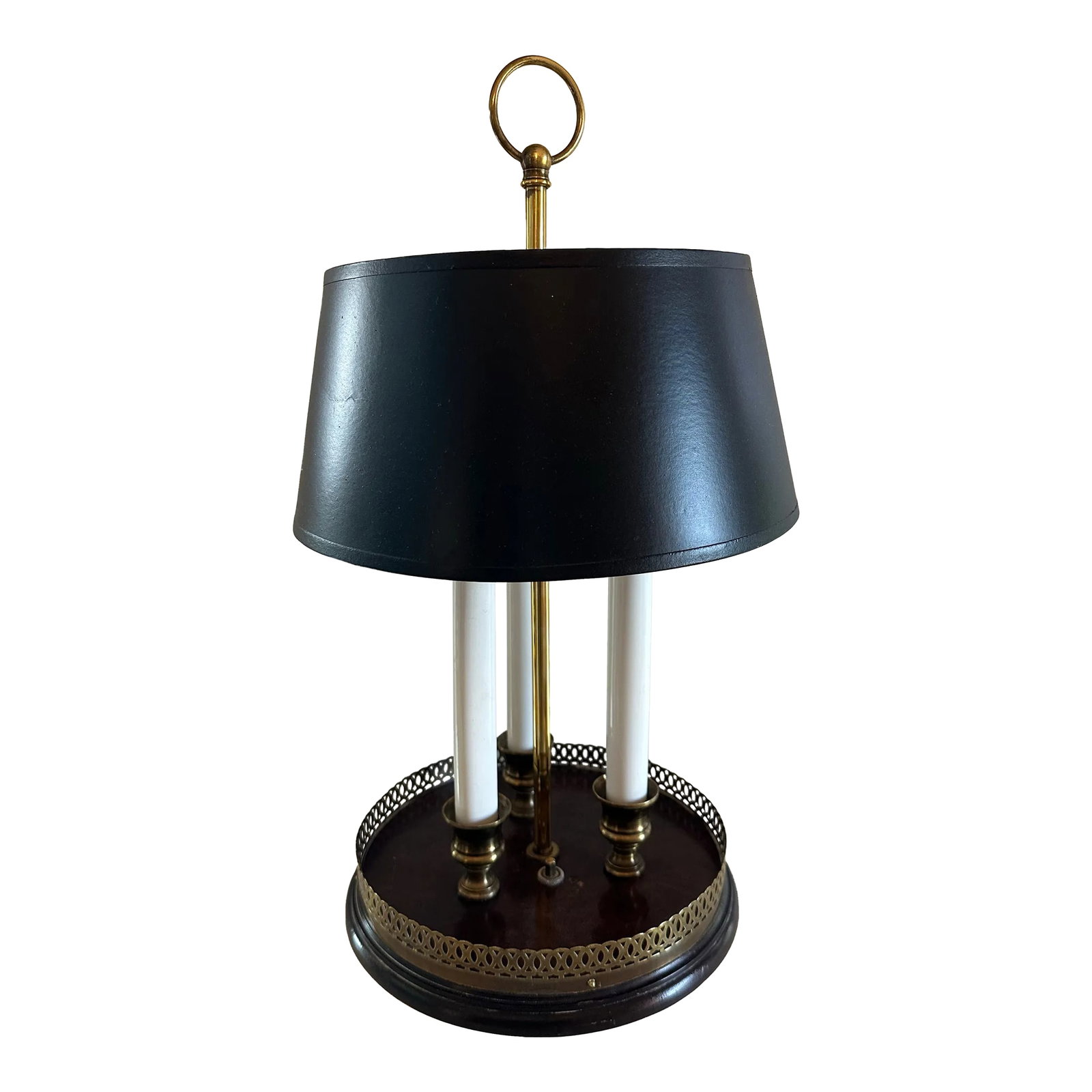 Vintage Knob Creek Bouillotte Three Candlestick Style Desk Lamp: This stunning vintage Knob Creek bouillotte lamp is absolutely stunning and would be a great addition to a desk, bar, library or any place in the home for soft, warm accent lighting. The unique brass