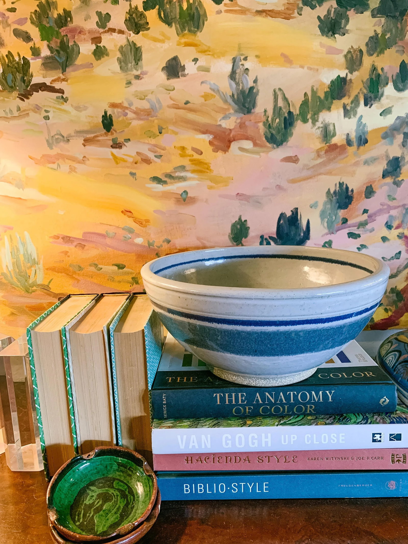 Vintage Large Studio Pottery Blue Striped Bowl - 12