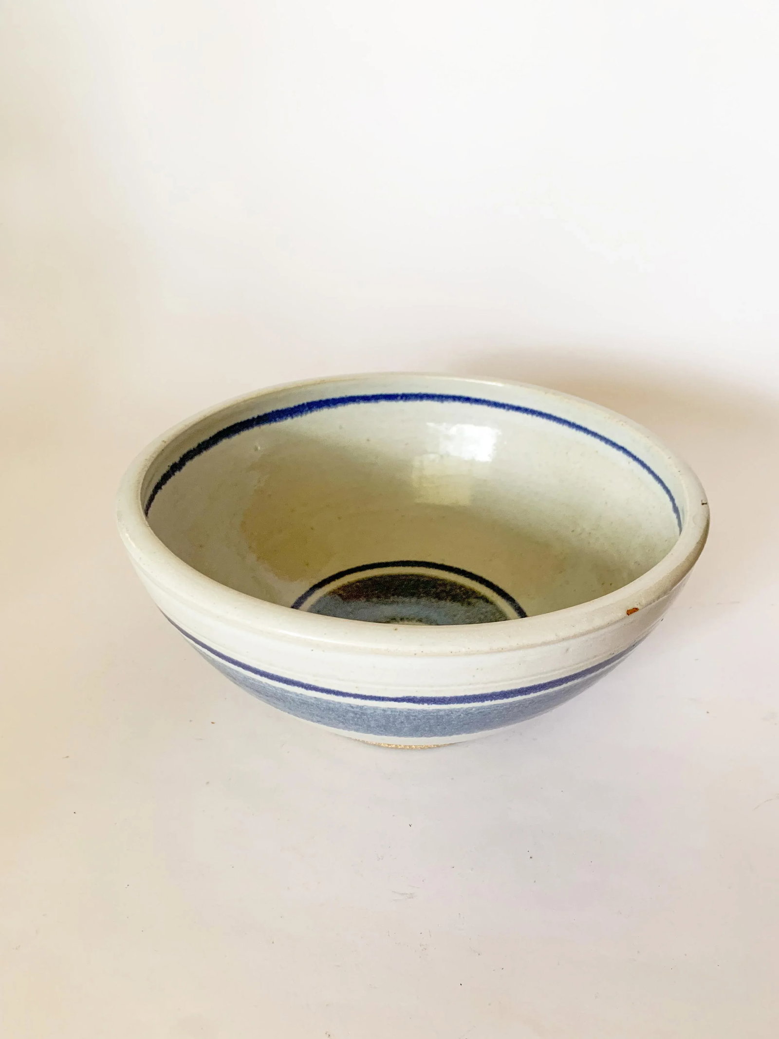 Vintage Large Studio Pottery Blue Striped Bowl - 3