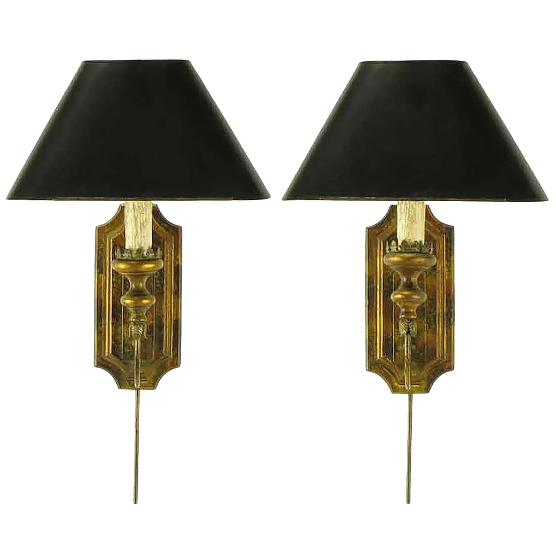 Renaissance Revival Parcel-Gilt Sconces - a Pair: Beautiful pair of Renaissance Revival candle style electric sconces with black oval shades, parcel-gilt carved wood back plates, and brass tubes to conceal electrical cord when wired for wall outlets.