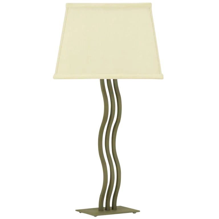 Post Modern Memphis Style S Curve Iron Table Lamp: Post modern Memphis style table lamp constructed of a series of three S curve iron bars and an iron plate base. Powder coated finish and dual socket illumination. Sold sans shade. Condition: