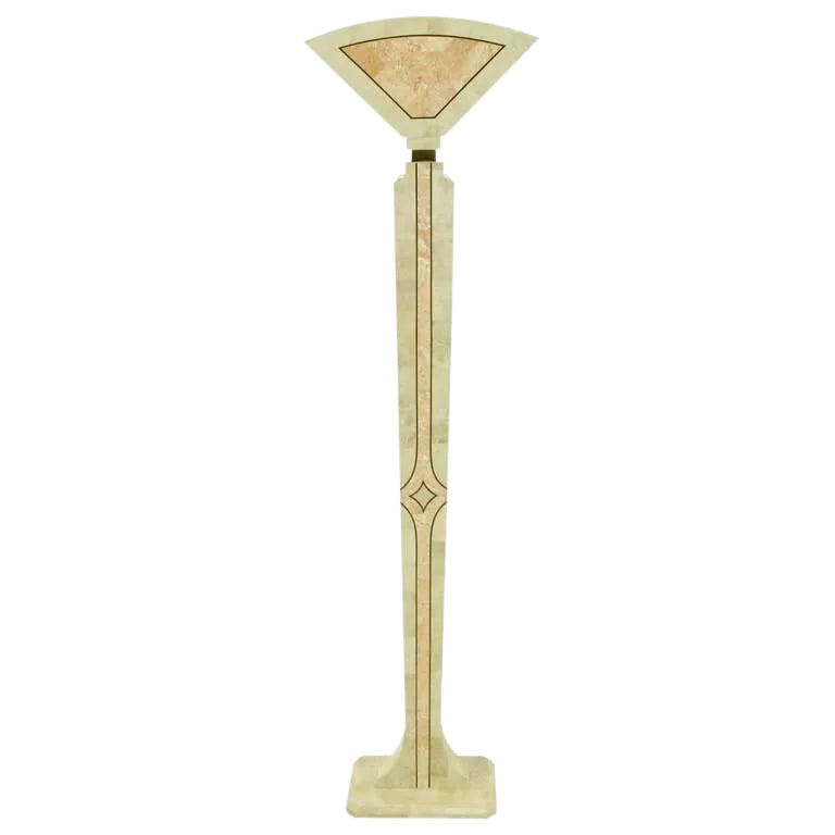 Tessellated Fossil Stone Floor Lamp by Robert Marcius for Casa Bique: Impressive, tessellated fossil stone over wood Art Deco revival floor lamp from Robert Marcius for Casa Bique. Brass inlay demaking the fossil stone sections, square brass spacer between the base and 