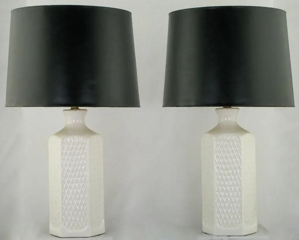Hexagonal White Ceramic Table Lamps With Geometric Relief - a Pair - 2