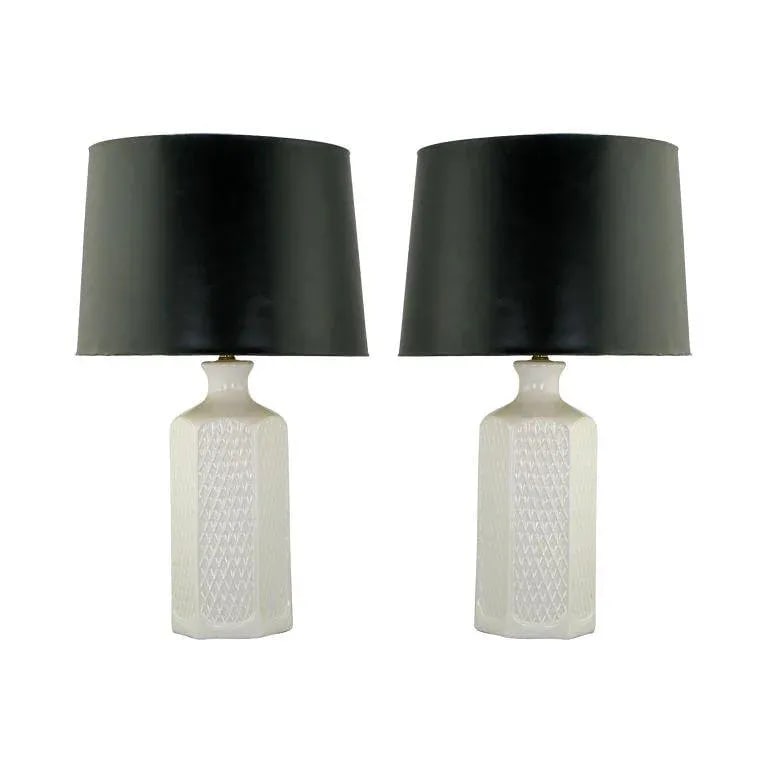 Hexagonal White Ceramic Table Lamps With Geometric Relief - a Pair - 7